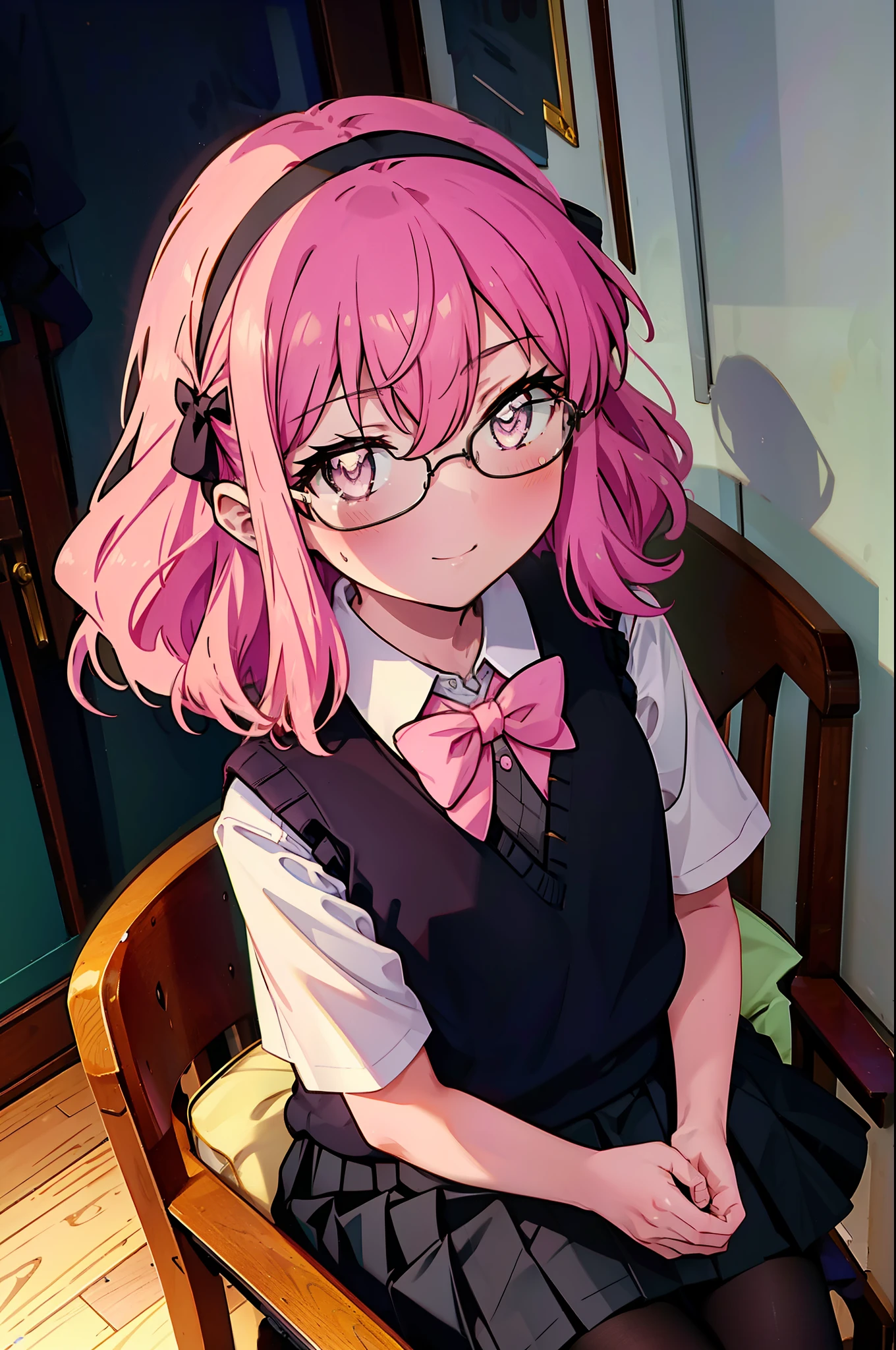 {{masterpiece}},{{Highest quality}},{{High resolution}},{{Caustics}},{{Familiar}},blush,
 smile,Louise Françoise Le Brun de La Valliere,Akabuchi Glasses,hair band,Pink Hair,Pink Eyes, 黒break skirt, shirt, bow, ribbon, , white shirt, Short sleeve, Pleated skirt, collared shirt, mini skirt, bowtie, 黒いloafers , Black Skirt, Black pantyhose, loafers, green bow, (pink sweater vest:1.5),,classroom,Sit on a chair,whole body,(Cowboy Shot:1. 5),break (masterpiece:1.2), Highest quality, High resolution, unity 8k wallpaper, (shape:0.8), (Fine and beautiful eyes:1.6), Highly detailed face, Perfect lighting, Highly detailed CG, (Perfect hands, Perfect Anatomy),