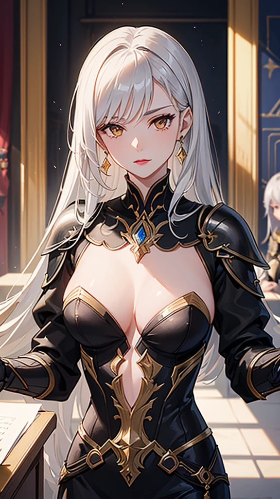 1 Private Wife，alone，long hair，Large Breasts，Golden Eyes，Sexy，Short silver hair，Mature female，widow，(masterpiece: 1.0，(the best_quality: 1.0)，silence，Black Armor，Fantasy World，Calm down，Inside the Palace，In a meeting，Upper body close-up，lipstick，During the sermon，earrings