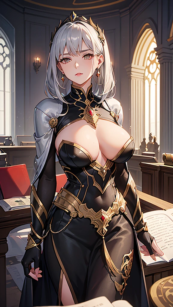 1 Private Wife，alone，long hair，Large Breasts，Golden Eyes，Sexy，Short silver hair，Mature female，widow，(masterpiece: 1.0，(the best_quality: 1.0)，silence，Black Armor，Fantasy World，Calm down，Inside the Palace，In a meeting，Upper body close-up，lipstick，During the sermon，earrings