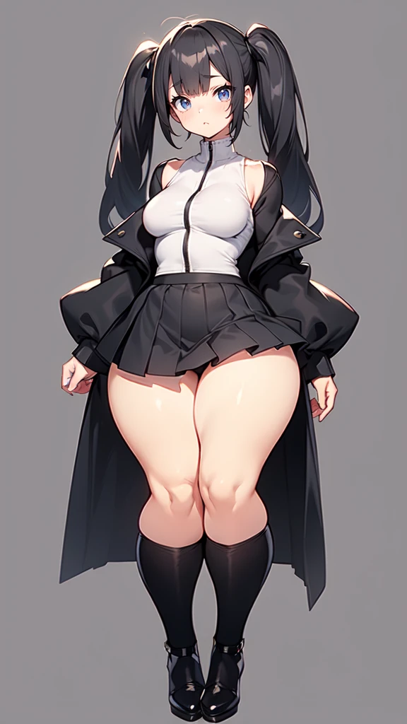 blank background, (((full body))), (masterpiece), ((best quality)), (very short girl), flat , short twintail, (wide :1.4), (thick thighs:1.4), (very short skirt), toeless footwear