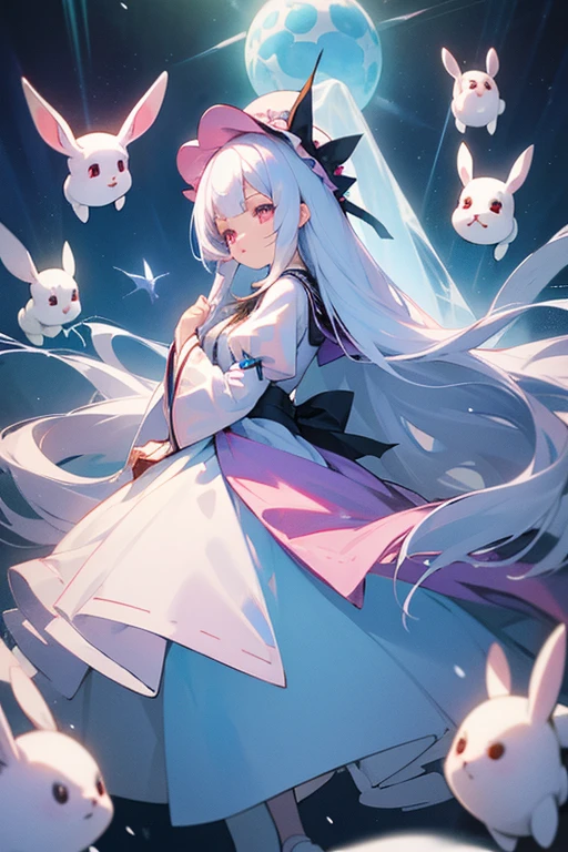 Long white hair straight。Young Girl。Lady。Droopy eyes and ephemeral appearance、Ice blue and pink odd eyes。A princess with the ability to control snow。spirit。sacred、beautiful、cute。Pitiful。　Lolita Dresses。She loves rabbits。