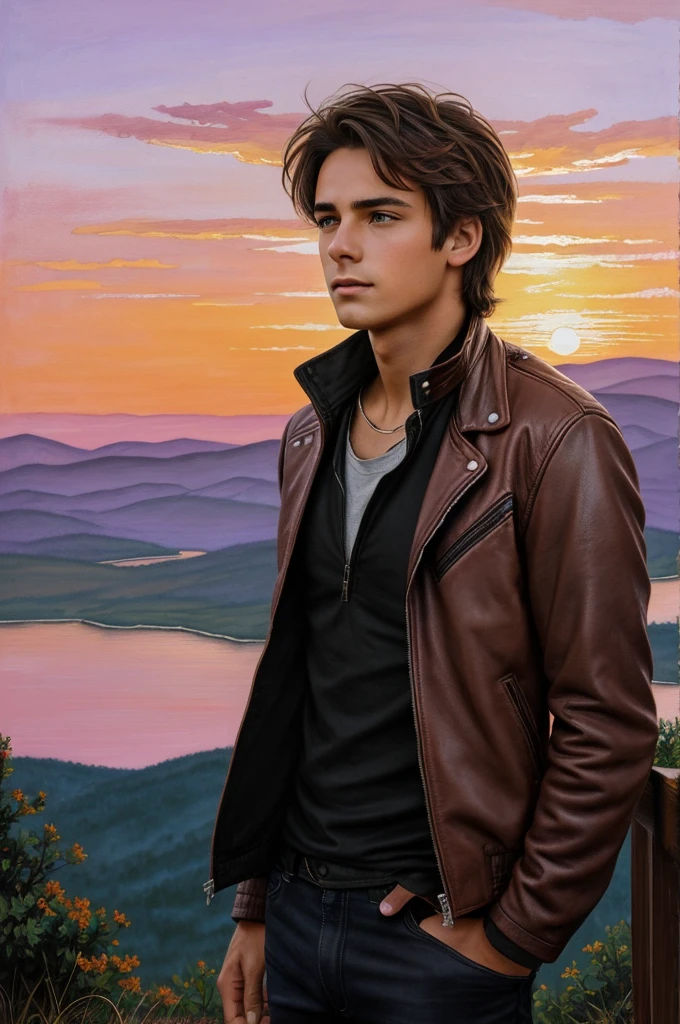 "A young man of approximately 20 years, with messy brown hair, is standing on a hill. He looks thoughtfully toward the horizon where the sun is setting, painting the sky with shades of orange, pink and purple. His expression is serene and thoughtful.. , and is wearing a black leather jacket that contrasts with the warm art painting style