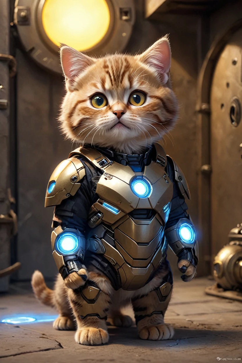 small, There are no humans in this world、The world of anthropomorphized cats、Cute Face、Iron Man Mark1Wearing a suit、Iron Man Mark1、prototype、The arc reactor emits blue light、desert、かわいいbornき物全身, Costumes,、 Fantasy art, Exquisite detail, An anthropomorphic, fat, furry tabby kitten with yellow eyes, Movie Scenes, Dramatic shot angles, , Realistic, born々Amazing cinematic photorealism, Action Portrait, 8K, detailed, Full Frame