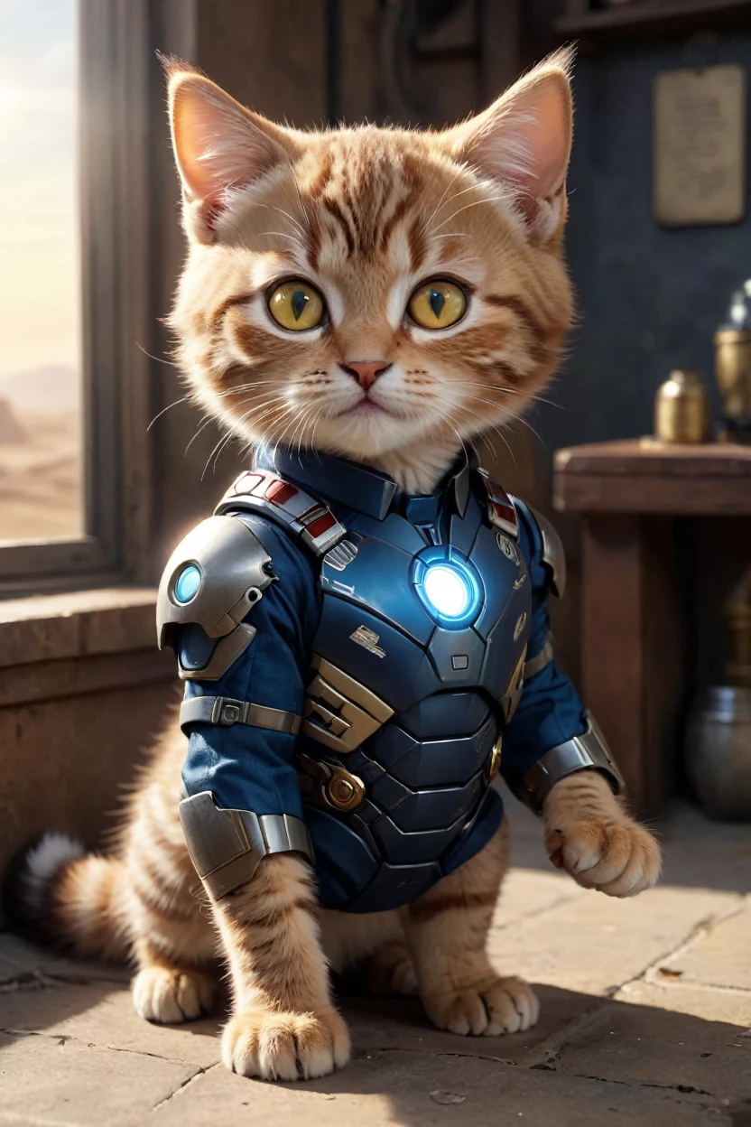 small, There are no humans in this world、The world of anthropomorphized cats、Cute Face、Iron Man Mark１Wearing a suit、Iron Man Mark1、prototype、The arc reactor emits blue light、desert、かわいいbornき物全身, Costumes,、 Fantasy art, Exquisite detail, An anthropomorphic, fat, furry tabby kitten with yellow eyes, Movie Scenes, Dramatic shot angles, , Realistic, born々Amazing cinematic photorealism, Action Portrait, 8K, detailed, Full Frame
