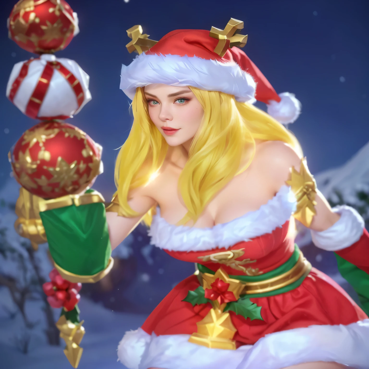 a close up of a woman in a santa outfit holding a christmas ball, tanny skin, lovely brigitte from overwatch, ingame image, crystal maiden, wearing festive clothing, brigitte from overwatch, ne zha from smite, alexstrasza, elf girl, cammy, winterthorn blessing, female elf, faired skin, holiday season, ornate bikini armor
