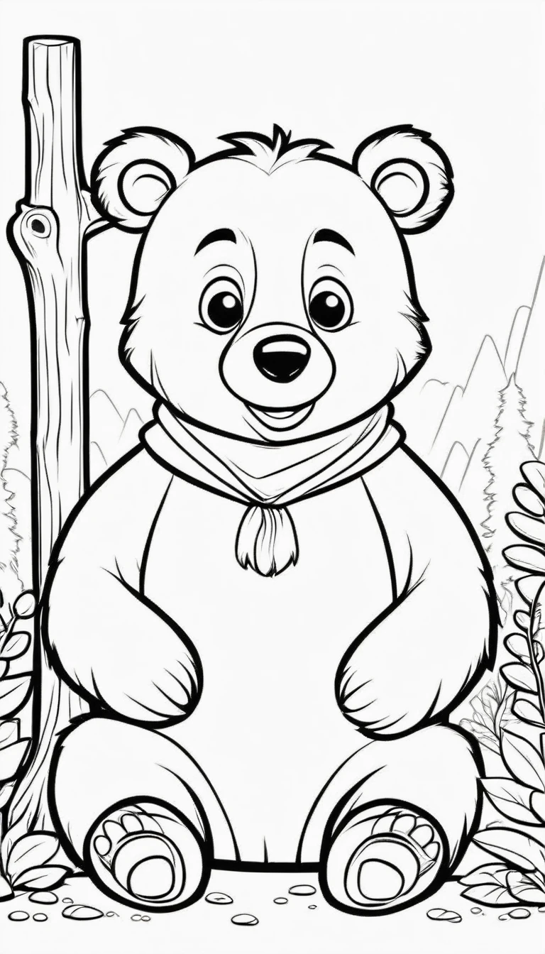 A cute Brown Bear, A big B letter on the corner,cartoon, ,Coloring Book, ColoringBookAF,