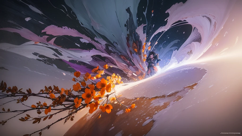 32k, Masterpiece, Highest quality, One girl, Detailed eyes, flower,Alstroemeria, White and orange style,A dreamy, romantic piece,Pale purple, Mysterious Leaves,A playful arrangement,Fantasy,High Contrast,Ink strokes,explosion,Exposure, Impression of white and orange tones,Abstract,((Watercolours by John Berkey and Jeremy Mann )) Brush strokes,Negative Space, Tyndall effect,