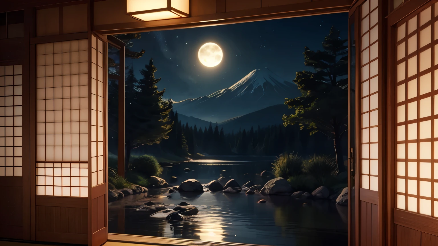 A fantastic view of the exterior of a Japanese inn at night、moonlight、forest、summer