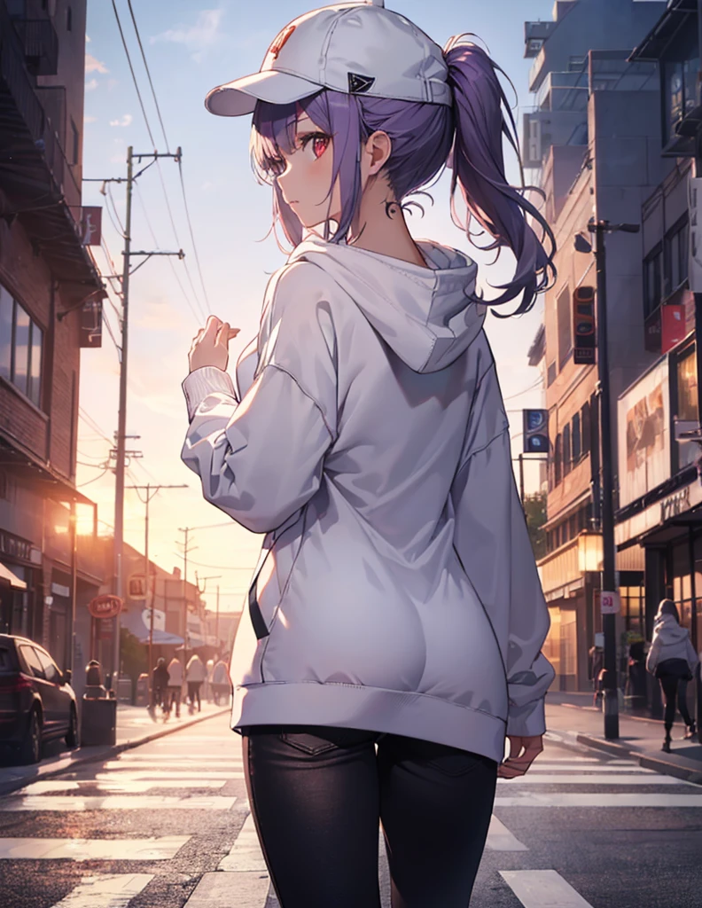 (Close-up:1.3),Realistic,Highest quality, Super detailed, High-quality CG rendering, The most delicate and beautiful, Floating softly, High resolution, (1 girl), (Highest quality,4K,8K,masterpiece:1.2), Light purple hair,(Very long ponytail:1.3),Red eyes,(Pure white oversized long sleeve hoodie:1.3),(Black skinny pants:1.3),(Pure white cap:1.3),In the city,old buildings,(whole body:1.3),(Turn your back to your audience:1.3),Butt