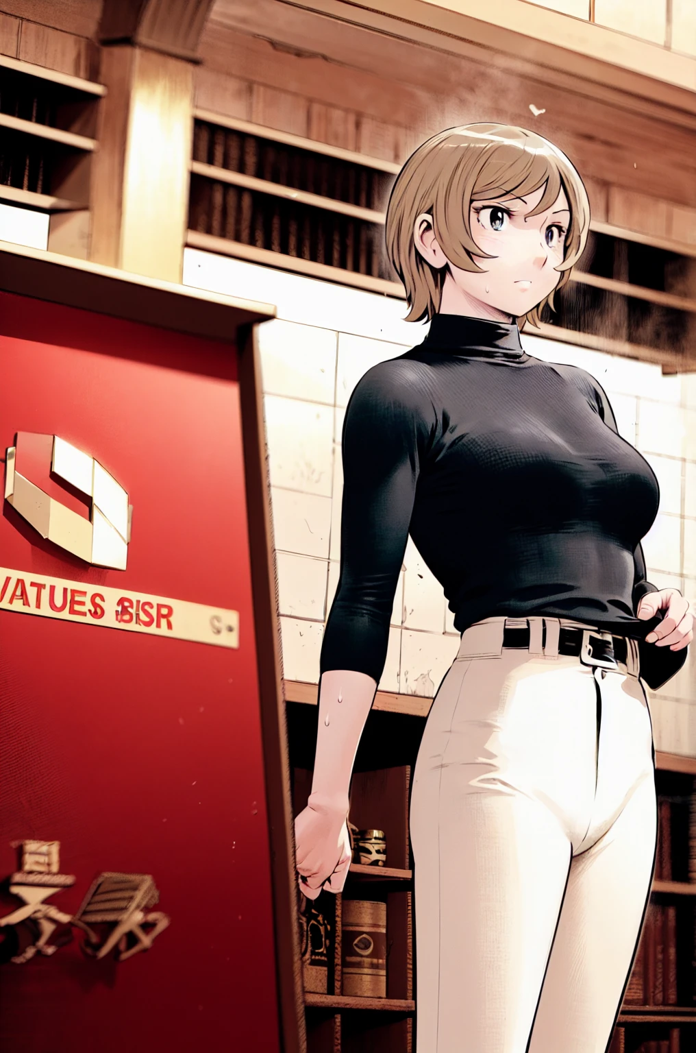 (野球uniform:1.2),
Blonde Hair, (short hair:1.2),Long sleeve, Black Shirt, turtleneck,White trousers、uniform、Black belt、((Illustration of a person))
View your viewers,, (Highest quality:1.3),One Girl, White pants、uniform、Outdoor、baseball ground、ground、soil、blue eyes、Tight black shirt、(masterpiece、Highest quality)、Highest quality, Ultra-high resolution, (((masterpiece))), alone, Sweat、Big eyes、Big Breasts、One Girl, Front view、Embarrassed face、Bronze colored hair、((short hair))、Please stand up straight