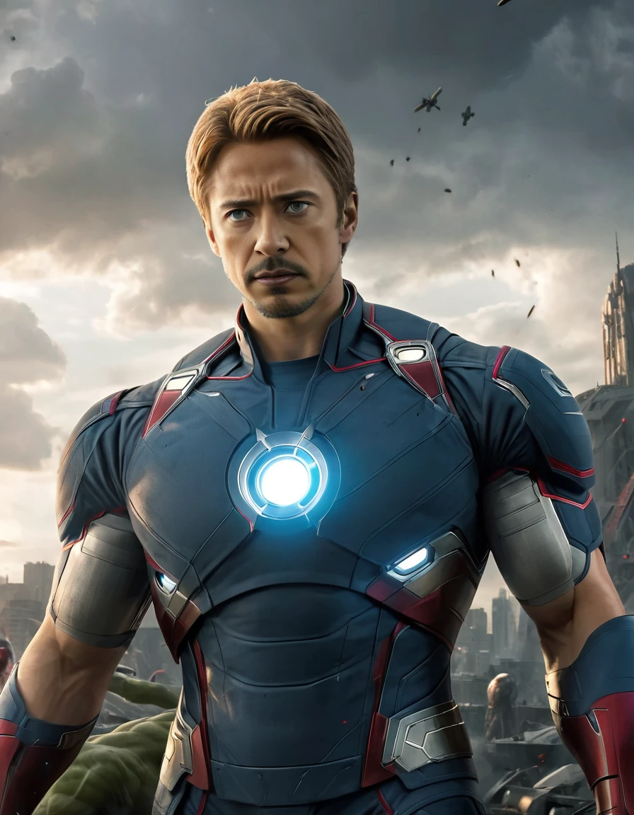 Create a dynamic and action-packed movie poster for "Avengers: Age of Ultron." The poster should feature key Avengers characters in a heroic and determined pose. Central in the composition is Iron Man in his iconic red and gold armor, with glowing arc reactor and eyes, standing confidently. To his left is the Hulk, in his green, muscular form, ready to smash. On Iron Man's right, Captain America is holding his shield prominently, dressed in his classic blue, white, and red suit. Black Widow, with her red hair and black suit, is positioned in the lower left, displaying agility and combat readiness. Thor, with his long blonde hair and wielding Mjölnir, stands to the upper right, looking formidable. Hawkeye, with his bow and arrows, appears ready for action. The background is a mix of a stormy, dark sky with lightning and clouds, hinting at chaos and battle. At the top, the menacing face of Ultron looms, partially obscured by the stormy background. The title "Avengers: Age of Ultron" is displayed at the bottom in bold, metallic letters, with the Marvel logo above it. The overall color scheme includes vibrant reds, blues, and greens against a dark, dramatic background, emphasizing the high-stakes and epic nature of the film. The lighting is intense and dramatic, highlighting each character's features and adding depth to the poster.