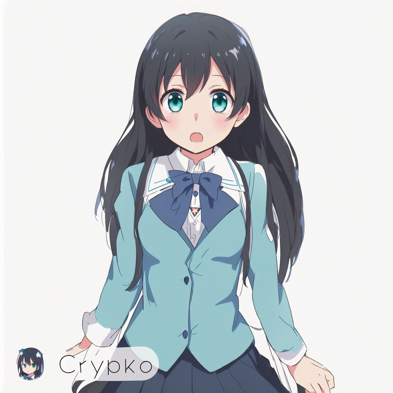 anime girl in a blue suit and tie with a surprised look, typical nerd, anime moe artstyle, mihoyo art style, chiho, from cryptid academia, Love Lab, stylized anime, young anime girl, anime style character, anime stylized, yuruyuri, a girl with fair skin long black hair and grayish-green eyes, she wears a star-shaped pendant, the same color as her eyes, around a circle the girl is tall and wears a Japanese sailor  of color aqua green and blue bow tie. She is young and her body is small in chest. Anime, Masterpiece, Best Quality, flat, Manga Scan, Anime, cinematic lighting, drawn Art, by Studio Trigger, clip studio paint, Anime Wallpaper, Deep Color, Cel-Shaded