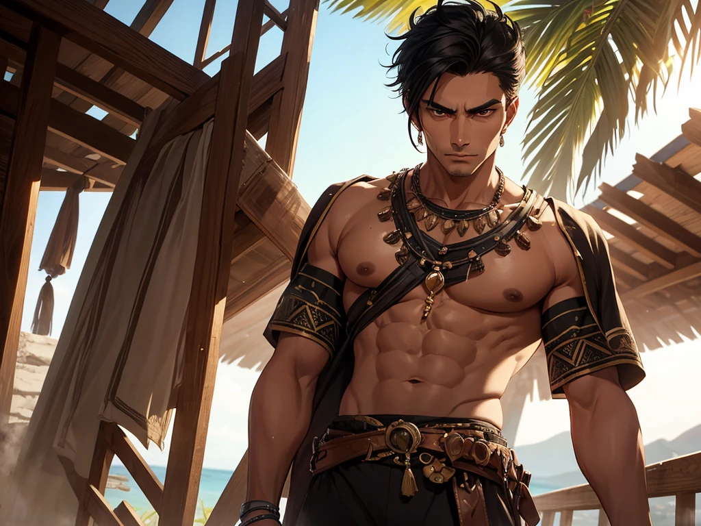 He is an adult indigenous man with Mexican features, and sun-kissed brown skin. His short black hair contrasts with his intense, expressive dark eyes. High, well-defined cheekbones complement his sharply contoured face. His pointed ears add a unique and distinctive detail to his appearance. He exudes a strong, serene presence, deeply connected to his cultural roots, Full body, master piece, perfect face.