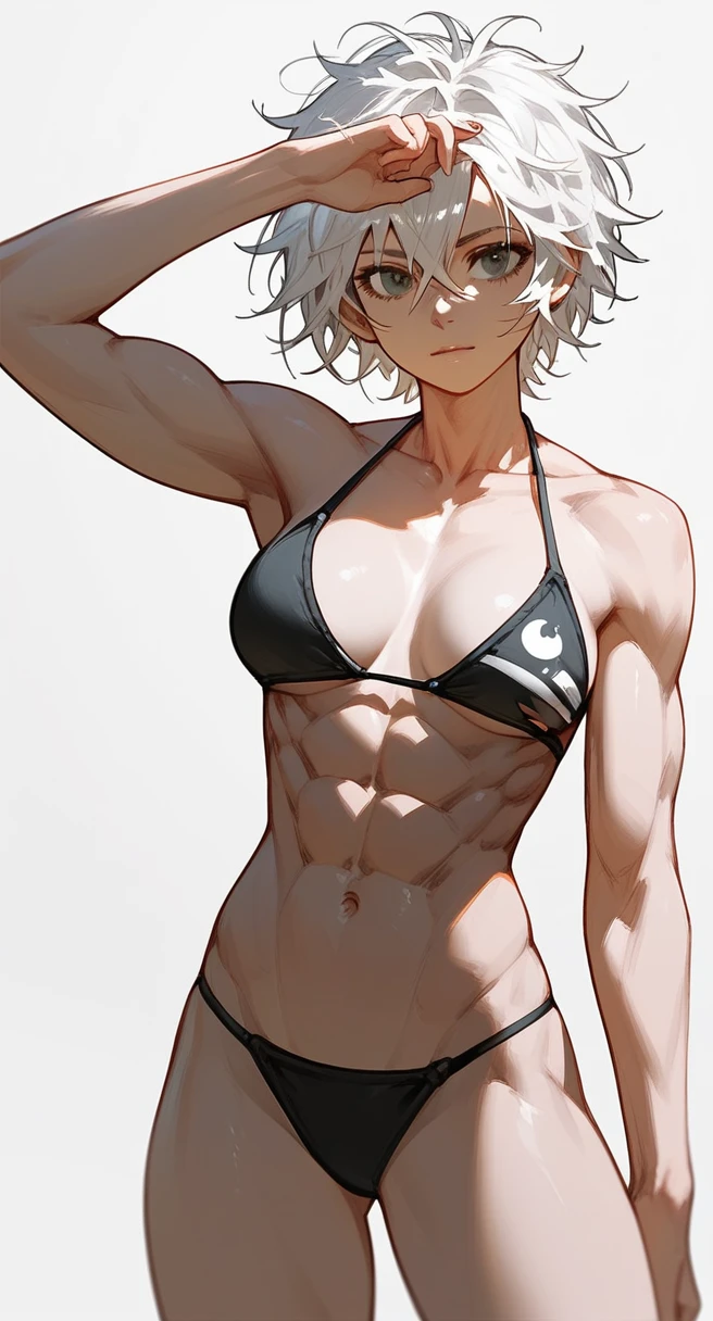 girl, abs, white hair, messy hair, short hair, ripped abs, bikini