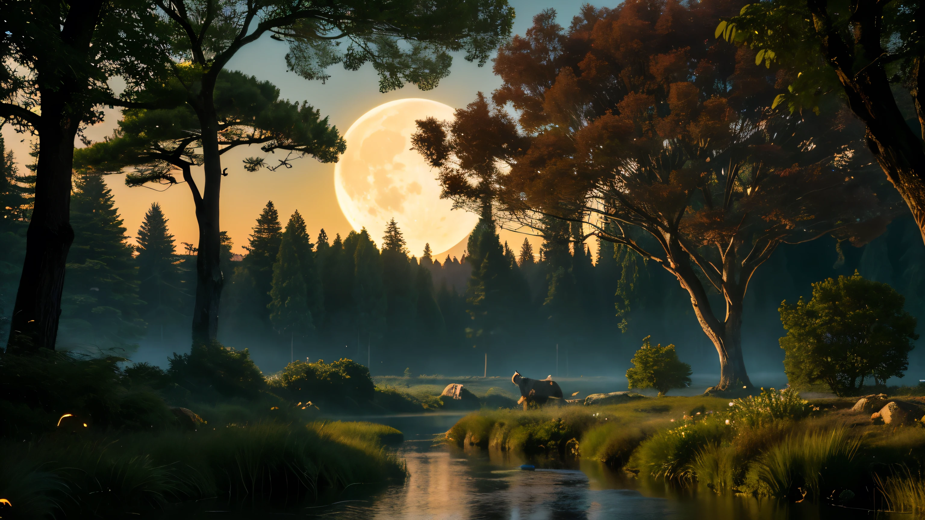 Moonlit night seen from the window, a room with a bed and one window like a large canvas, a moonlit landscape spreads from the window, surreal, otherworldly, illustration of a supernatural scene with a huge crystal tree full body, highly detailed and magical lighting, beautiful moonlit night, intricate forest details, surrounding vegetation and river, solarpunk, landscape, huge tree, beautiful leaves with beautiful lighting and realistic proportions, like a movie background, 8k, top quality, masterpiece, sky with clouds and stars. A large moon in the background, a cinematic moonlit night, a stream flowing in that forest, mysterious and cinematic.