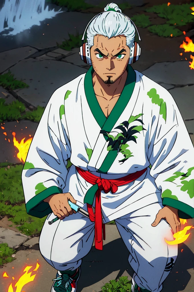 naughty man, big hair tied samurai style with white hair with water green tips, wearing a white sweatshirt with a cyan fire style print on the edge of the waist, Wearing Headphones, slanted eyes, moss green eyes, Cao Cao, smart, wearing camouflage style sweatpants, wearing tennis shoes, with perfect details of light and shadow, in 8K quality, with small rays in the form of energy (might) white and red color around its body.