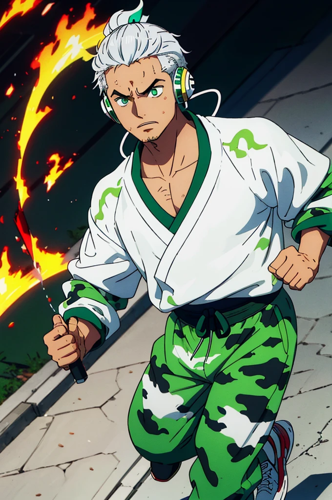 naughty man, big hair tied samurai style with white hair with water green tips, wearing a white sweatshirt with a cyan fire style print on the edge of the waist, Wearing Headphones, slanted eyes, moss green eyes, Cao Cao, smart, wearing camouflage style sweatpants, wearing tennis shoes, with perfect details of light and shadow, in 8K quality, with small rays in the form of energy (might) white and red color around its body.