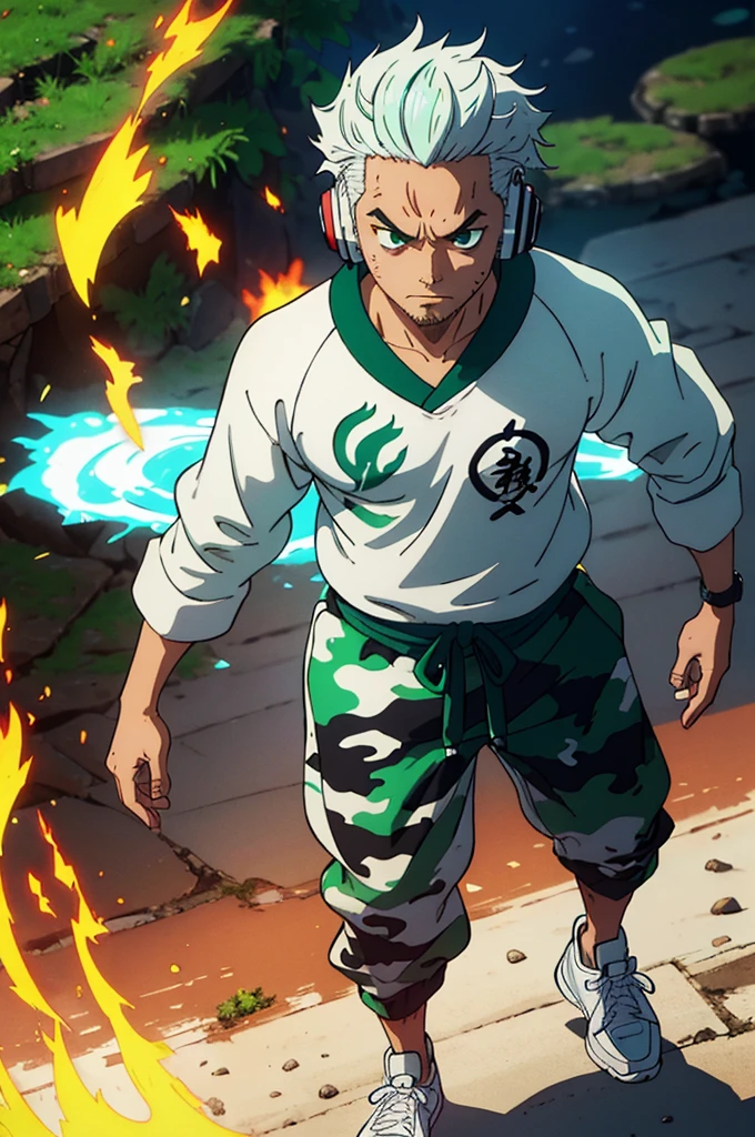 naughty man, big hair tied samurai style with white hair with water green tips, wearing a white sweatshirt with a cyan fire style print on the edge of the waist, Wearing Headphones, slanted eyes, moss green eyes, Cao Cao, smart, wearing camouflage style sweatpants, wearing tennis shoes, with perfect details of light and shadow, in 8K quality, with small rays in the form of energy (might) white and red color around its body.