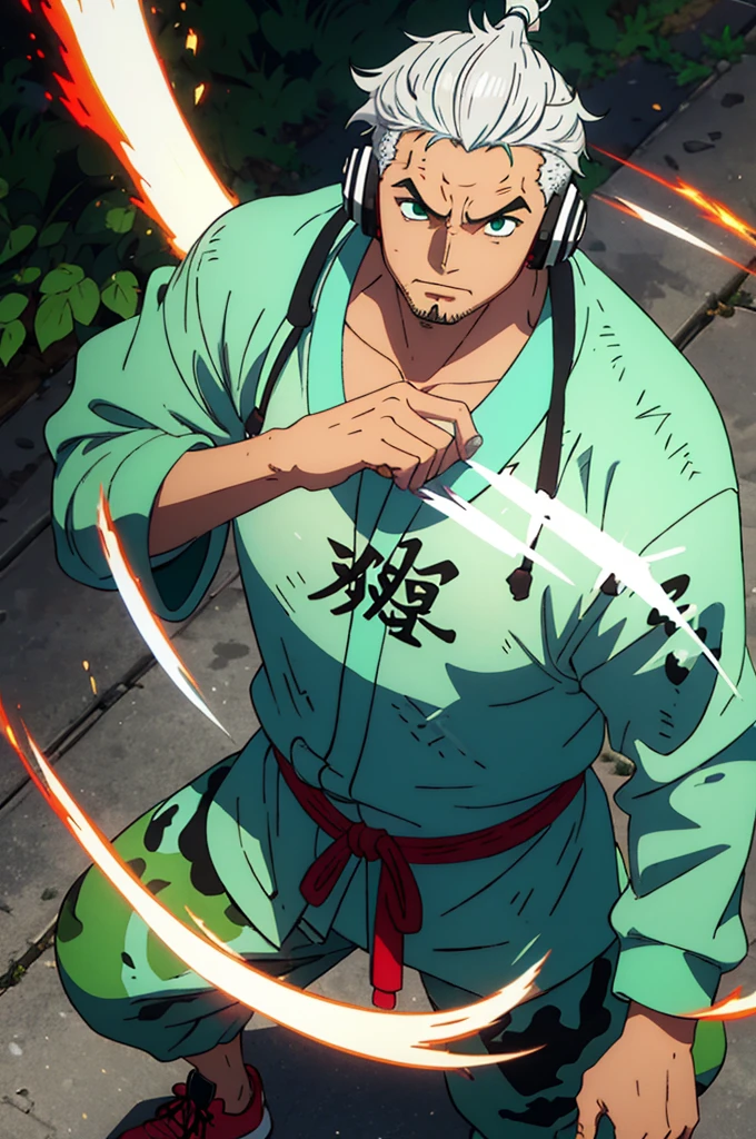 naughty man, big hair tied samurai style with white hair with water green tips, wearing a white sweatshirt with a cyan fire style print on the edge of the waist, Wearing Headphones, slanted eyes, moss green eyes, Cao Cao, smart, wearing camouflage style sweatpants, wearing tennis shoes, with perfect details of light and shadow, in 8K quality, with small rays in the form of energy (might) white and red color around its body.