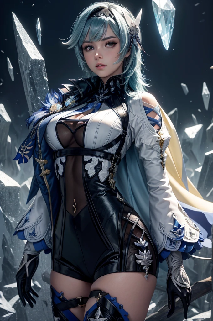 ((euladef)):1.5,((masterpiece,Highest quality,Highly detailed images,Beautiful images))1.4（Huge crystal in the background、Overall dim lighting、Backlight、A fantastic atmosphere、Thick Fog、Dust flutters)1.3,(Close-up image of eula)1.1、（Beautiful cleavage、Exposing cleavage）Mr.々A pose
