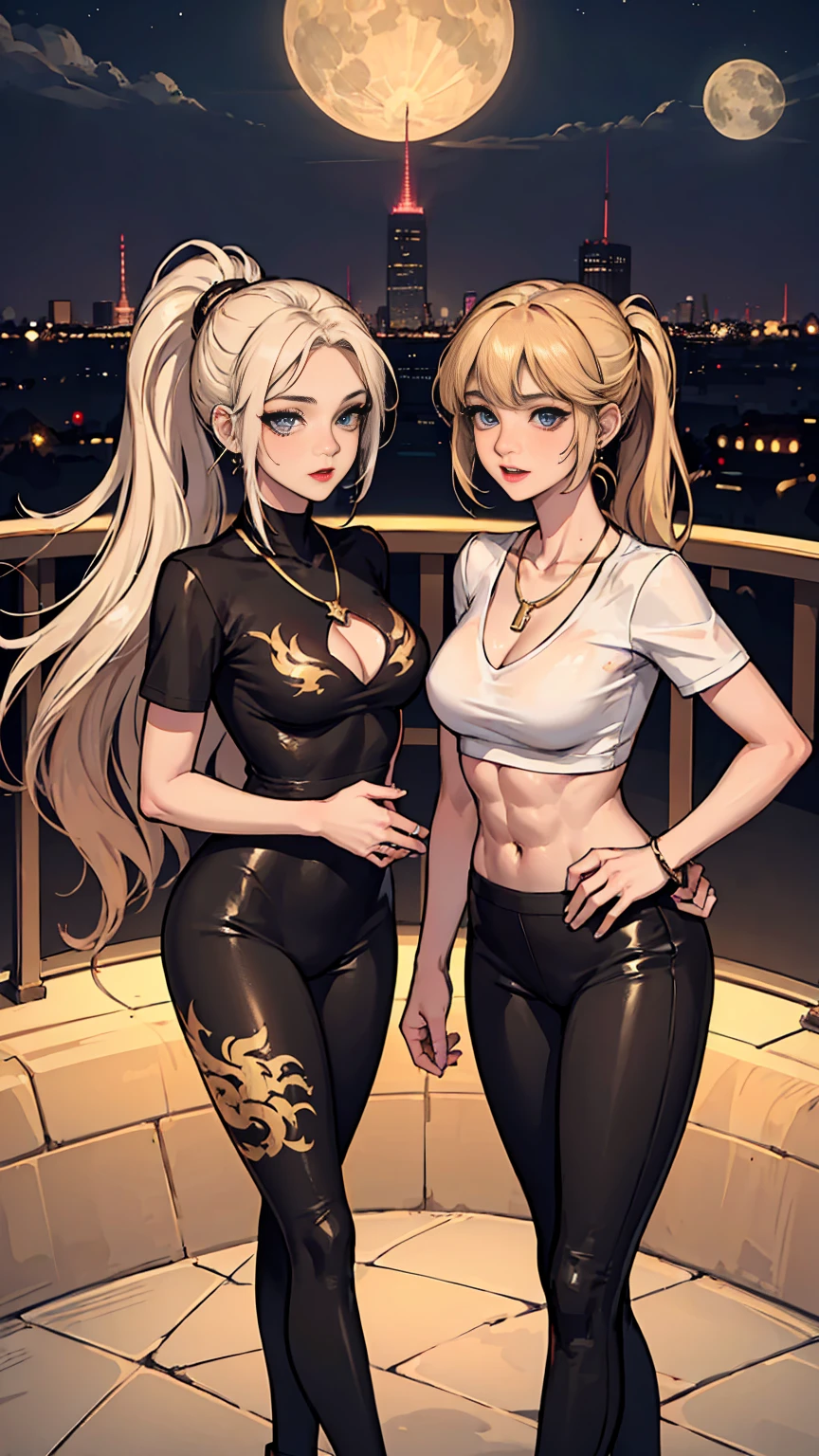 Beautiful woman with long straight ponytail blond hair with blue eyes wearing a Black Tight Leggings With Golden Dragon Prints, a Red  Criss Cross Mock Neck Short Sleeves Blouse With Phoenix Prints, luxurious jewelry and a luxurious necklace, 18k gold wedding ring on left hand, standing in a balcony at night of full moon, (caucasian skin), (light brown lipstick), (elegant mascara), (slim body with abs), (small ), (wide ), midjourney, <lora:GoodHands-, <lora:GoodLegs-, UHD, high resolution, (masterpiece:1.1, best quality), (expressive eyes, perfect face, full body, expressive face, perfect body, perfect , athletic, fit, slim body, blushing, Perfect makeup, eyeliner, beautiful eyelashes, smiling,  face), ((best illumination, best shadows)), (( pose))