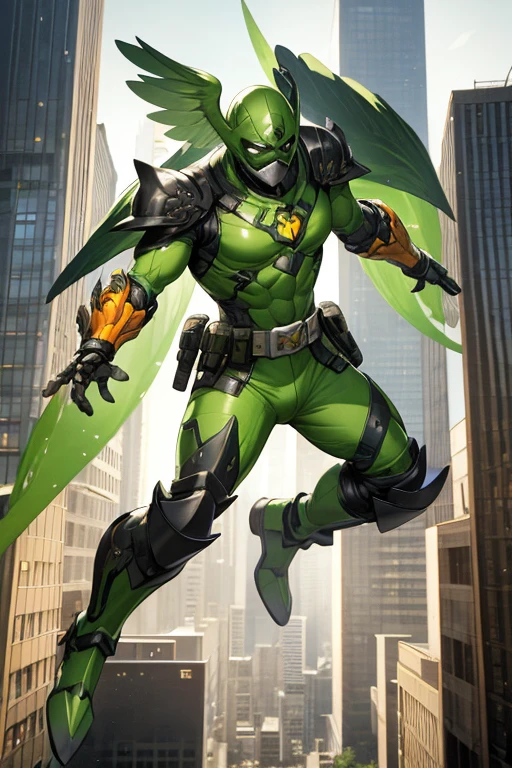 ((best quality)), ((masterpiece)), (detailed), 1 male, full body, 25 years old, masked, lemon green mask covering his entire head, smooth head, mask covering his mouth, 1 small crest on his head, oxygen mask, angry expression, black collar, tall and strong, very athletic, green fly wings, grey details, green fingerless gloves, green wrist guards, lemon green nanotech suit resembling light armor, lemon green chest with an emblem, orange fly emblem on his chest, fly, green pants, green knee pads, metallic green boots, orange superhero belt, flying around a building, city background, anime