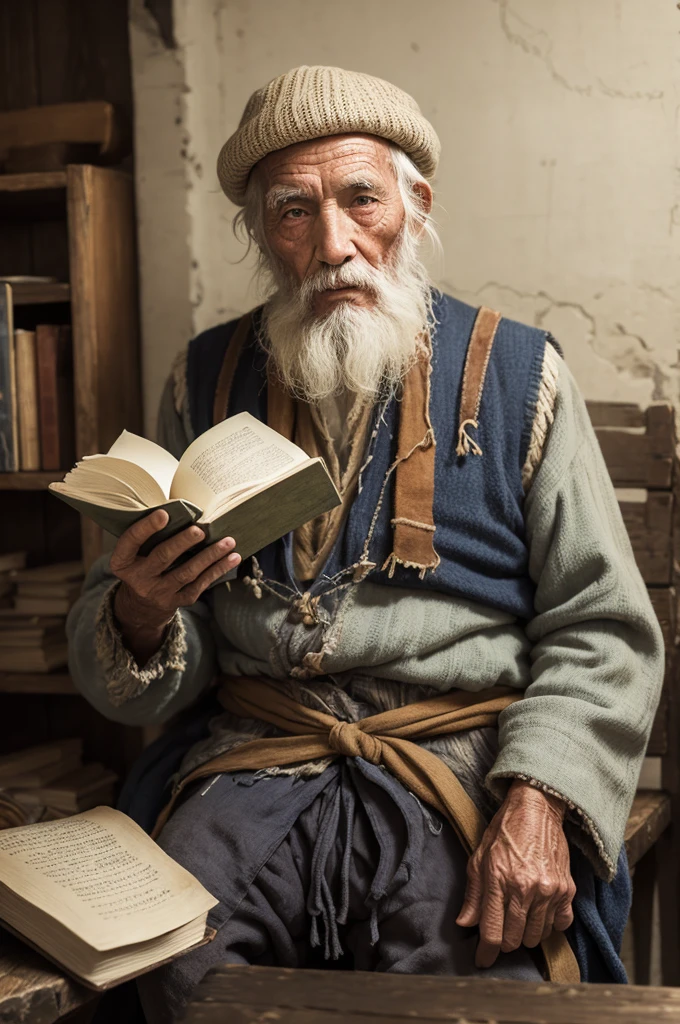 Old fisherman man in shabby clothes with.a book of stories
