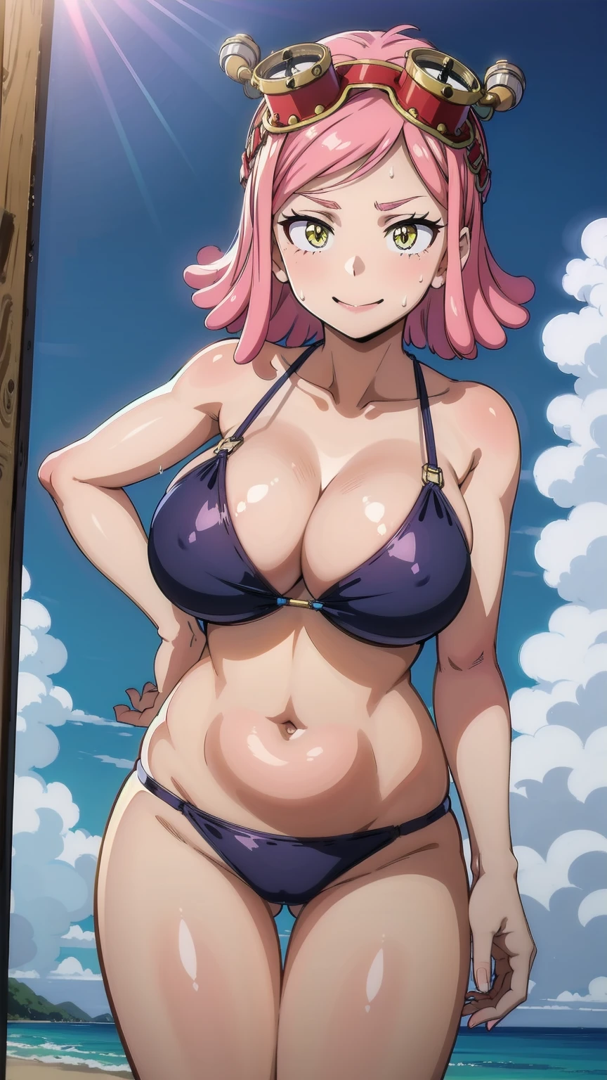 hatsume mei(mha), 1girl solo,pink hair,short hair,goggles on head, TANK TOP,bangs,symbol-shaped pupils, yellow eyes, happy, looking at viewer, Smiling, looking at the viewer, blue theme, blue background, cloudy sky, sunlight, sweat, , bikini swimsuit,Bikini, large breasts, cleavage, belly button , collarbone, thighs, sea and beach,
