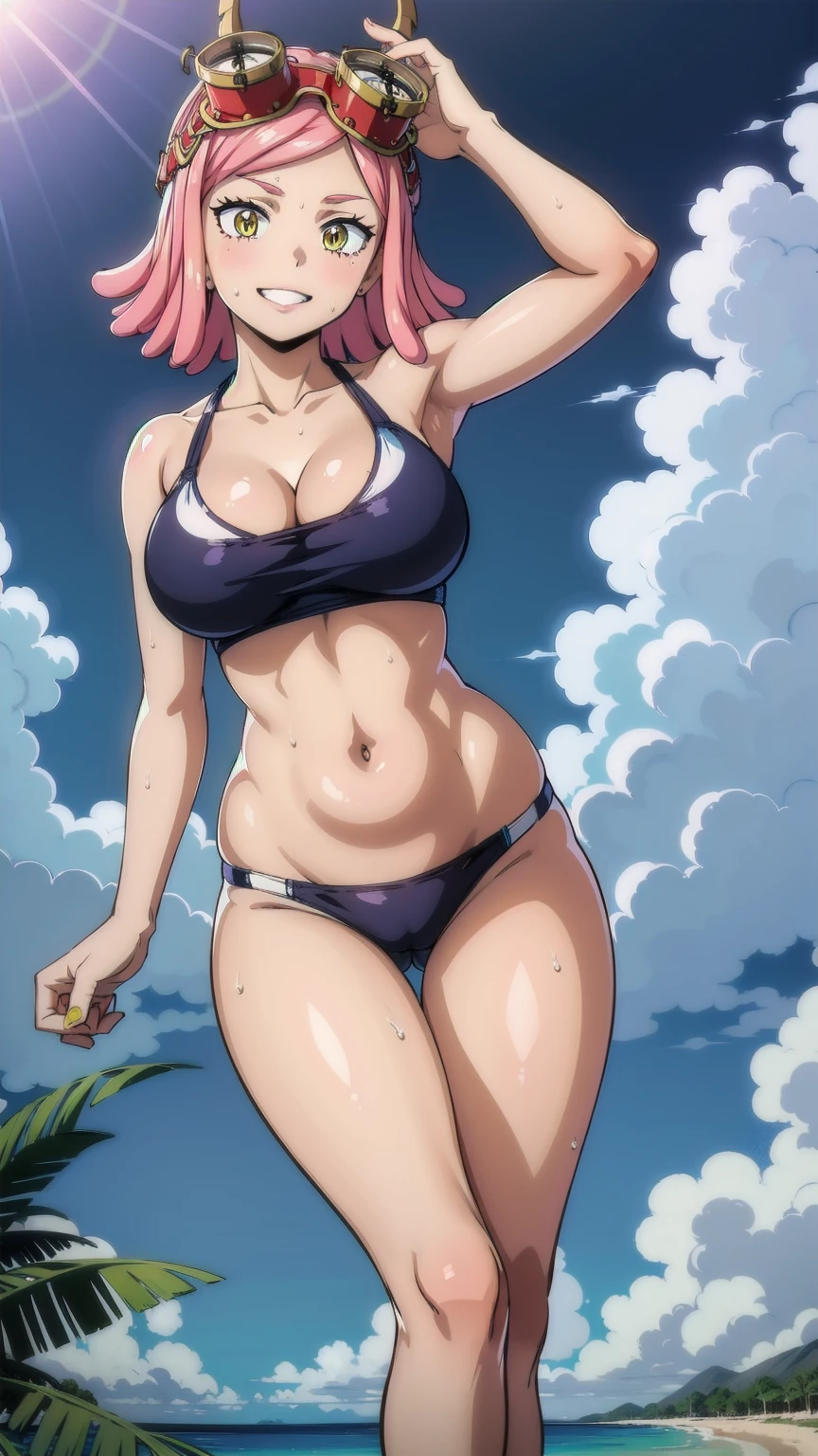 hatsume mei(mha), 1girl solo,pink hair,short hair,goggles on head, TANK TOP,bangs,symbol-shaped pupils, yellow eyes, happy, looking at viewer, Smiling, looking at the viewer, blue theme, blue background, cloudy sky, sunlight, sweat, , bikini swimsuit,Bikini, large breasts, cleavage, belly button , collarbone, thighs, sea and beach,