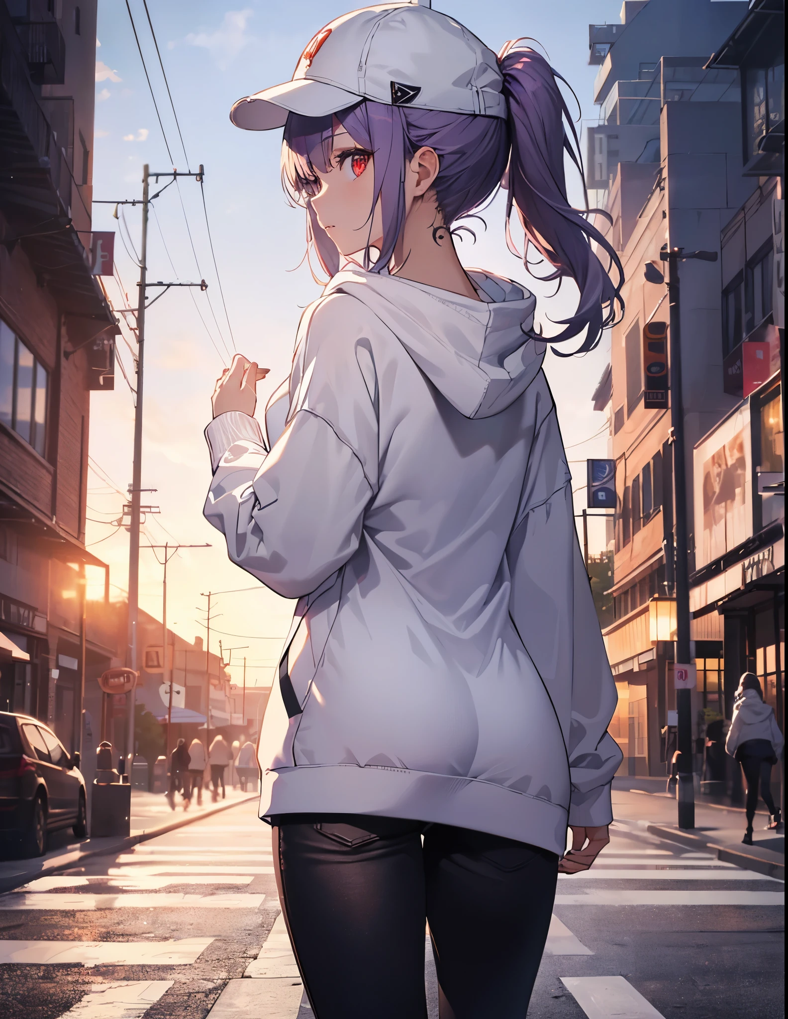 (Close-up:1.3),Realistic,Highest quality, Super detailed, High-quality CG rendering, The most delicate and beautiful, Floating softly, High resolution, (1 girl), (Highest quality,4K,8K,masterpiece:1.2), Light purple hair,(Very long ponytail:1.3),Red eyes,(Pure white oversized long sleeve hoodie:1.3),(Black skinny pants:1.3),(Pure white cap:1.3),In the city,old buildings,(whole body:1.3),(Turn your back to your audience:1.3),Butt
