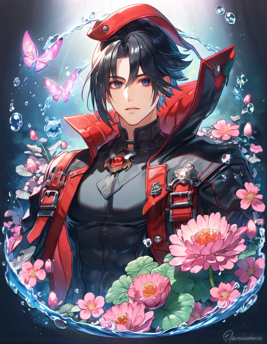 absurdres, highres, ultra detailed, HDR, master piece, best quality, extremely detailed face, delicated features, Hugo Pennywort, black hair, short hair, bangs parted to the sides, God Eater 3, solo, sexy man, handsome, black cropped coat, black tight shirt, water, blossoms, pink flowers, pink butterflies, fantasy, magic, radiant