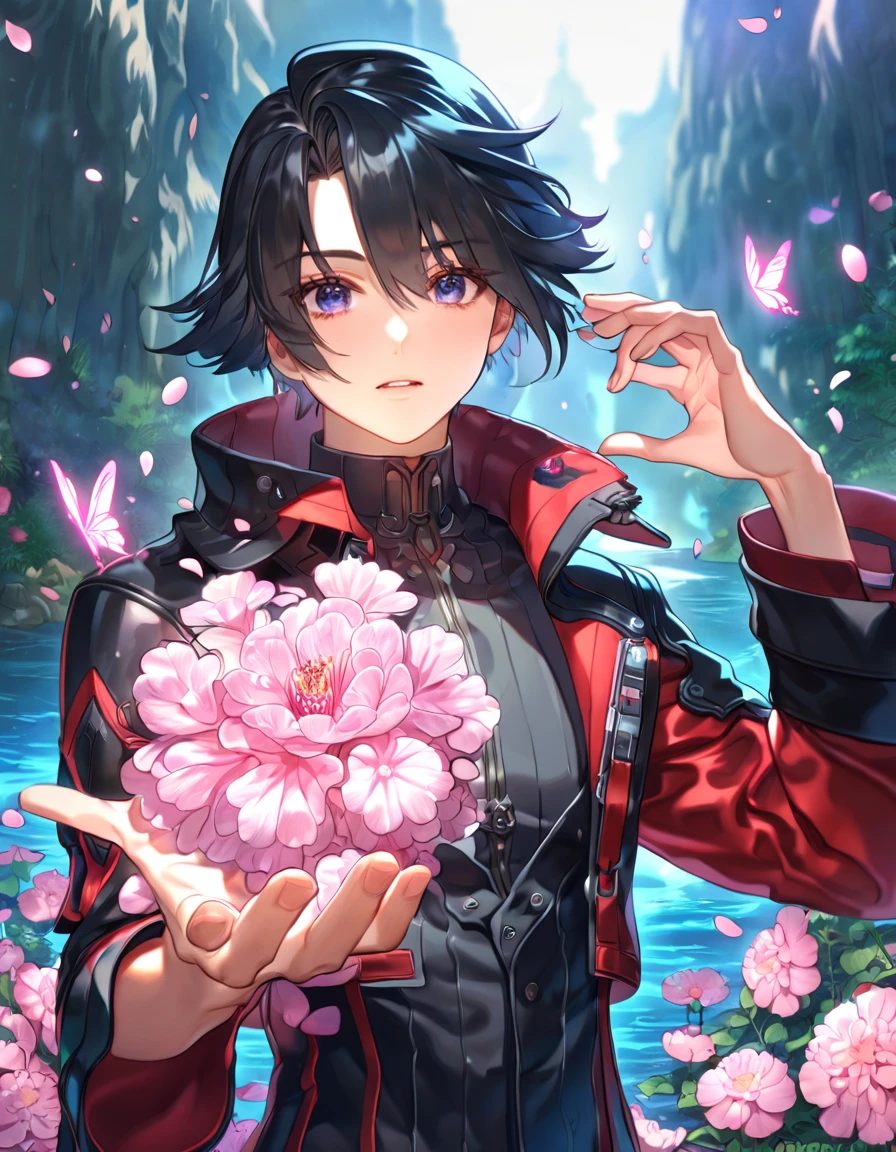 absurdres, highres, ultra detailed, HDR, master piece, best quality, extremely detailed face, delicated features, Hugo Pennywort, black hair, short hair, bangs parted to the sides, God Eater 3, solo, sexy man, handsome, black cropped coat, black tight shirt, water, blossoms, pink flowers, pink butterflies, fantasy, magic, radiant