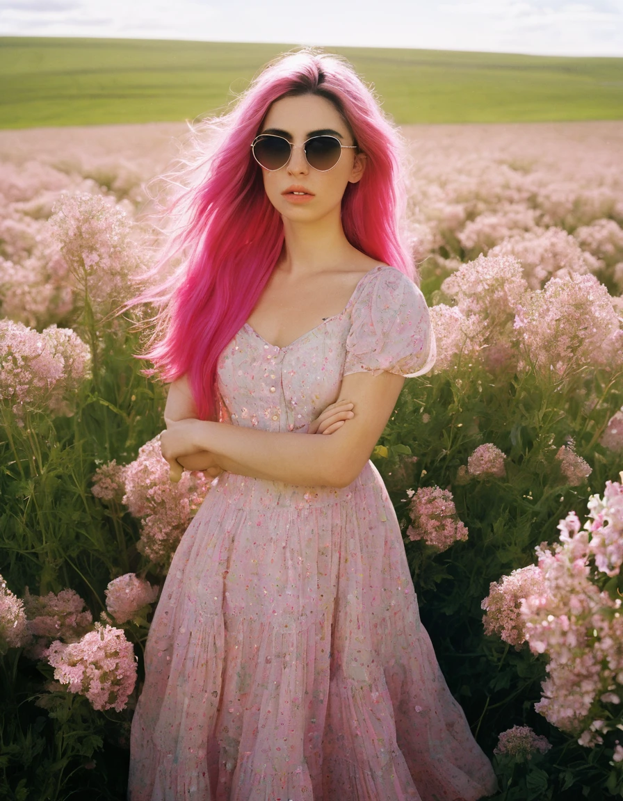 Woman with long pink hair, in a field of flowers with a heart in her hand, standing in a flower field, standing in flower field, com campos de flores em primeiro plano, em um campo com flores, Frontal da em um campo da flor, com flores, em um campo de flores, girl standing in a flower field, em um campo de flores, standing in a field with flowers,l with a light shining on her face, photography of todd hido, dramatic light 8 0 mm camera, todd hido, shot on large format film camera, medium format. soft light, todd hido photography, studio medium format photograph, photo taken with provia 1967, subtractive lighting, Hasselblad photograph,Aerial View,woman, with long pink hair,( dress, sunglasses,) , music video, youtube, screenshot, dua lipa, long hair