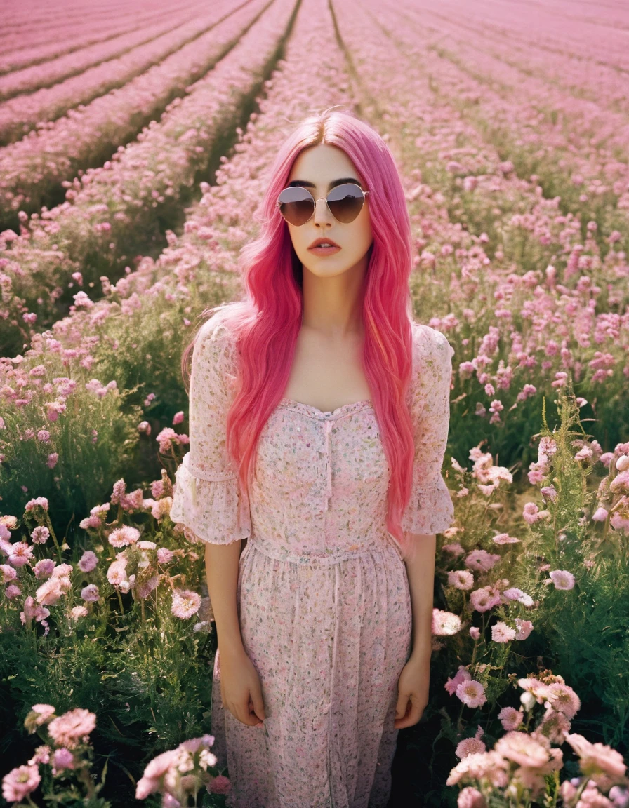 Woman with long pink hair, in a field of flowers with a heart in her hand, standing in a flower field, standing in flower field, com campos de flores em primeiro plano, em um campo com flores, Frontal da em um campo da flor, com flores, em um campo de flores, girl standing in a flower field, em um campo de flores, standing in a field with flowers,l with a light shining on her face, photography of todd hido, dramatic light 8 0 mm camera, todd hido, shot on large format film camera, medium format. soft light, todd hido photography, studio medium format photograph, photo taken with provia 1967, subtractive lighting, Hasselblad photograph,Aerial View,woman, with long pink hair,( dress, sunglasses,) , music video, youtube, screenshot, dua lipa, long hair