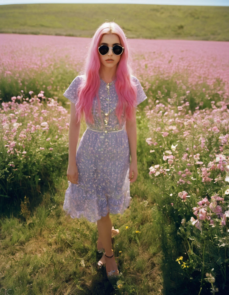Woman with long pink hair, in a field of flowers with a heart in her hand, standing in a flower field, standing in flower field, com campos de flores em primeiro plano, em um campo com flores, Frontal da em um campo da flor, com flores, em um campo de flores, girl standing in a flower field, em um campo de flores, standing in a field with flowers,l with a light shining on her face, photography of todd hido, dramatic light 8 0 mm camera, todd hido, shot on large format film camera, medium format. soft light, todd hido photography, studio medium format photograph, photo taken with provia 1967, subtractive lighting, Hasselblad photograph,Aerial View,woman, with long pink hair,( dress, sunglasses,) , music video, youtube, screenshot, dua lipa, long hair