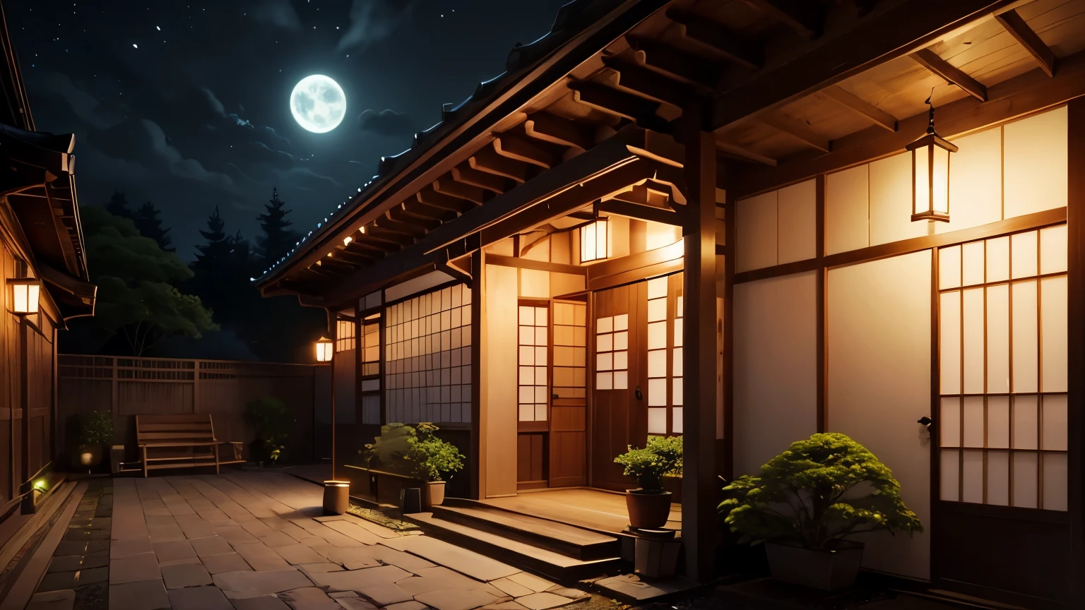 A fantastic view of the exterior of a Japanese inn at night、moonlight、forest、summer、The room is dark