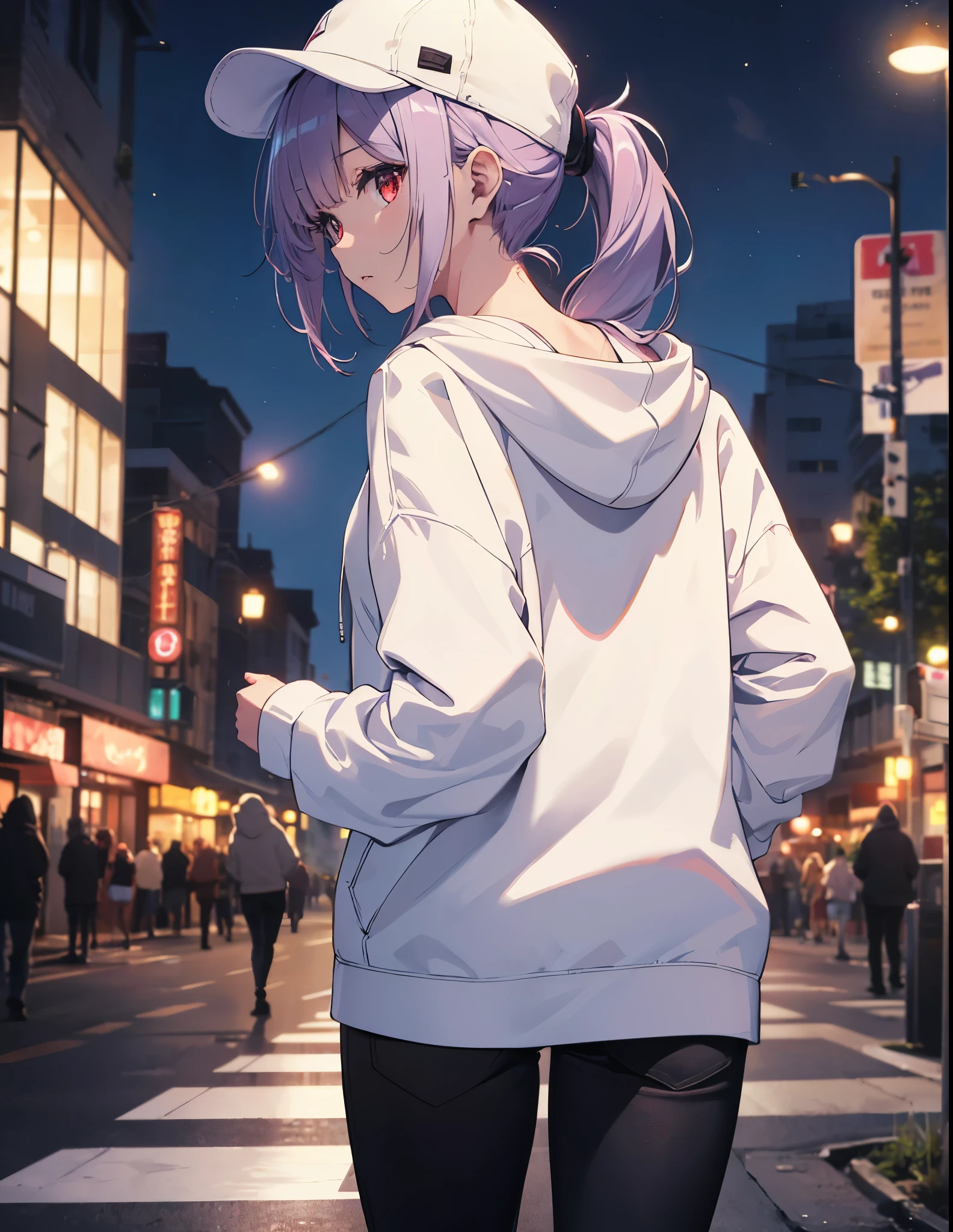 (Close-up:1.3),Realistic,Highest quality, Super detailed, High-quality CG rendering, The most delicate and beautiful, Floating softly, High resolution, (1 girl), (Highest quality,4K,8K,masterpiece:1.2), Light purple hair,(Very long ponytail:1.3),Red eyes,(Pure white oversized long sleeve hoodie:1.3),(Black skinny pants:1.3),(Pure white cap:1.3),In the city,old buildings,(whole body:1.3),(Turn your back to your audience:1.3),Butt