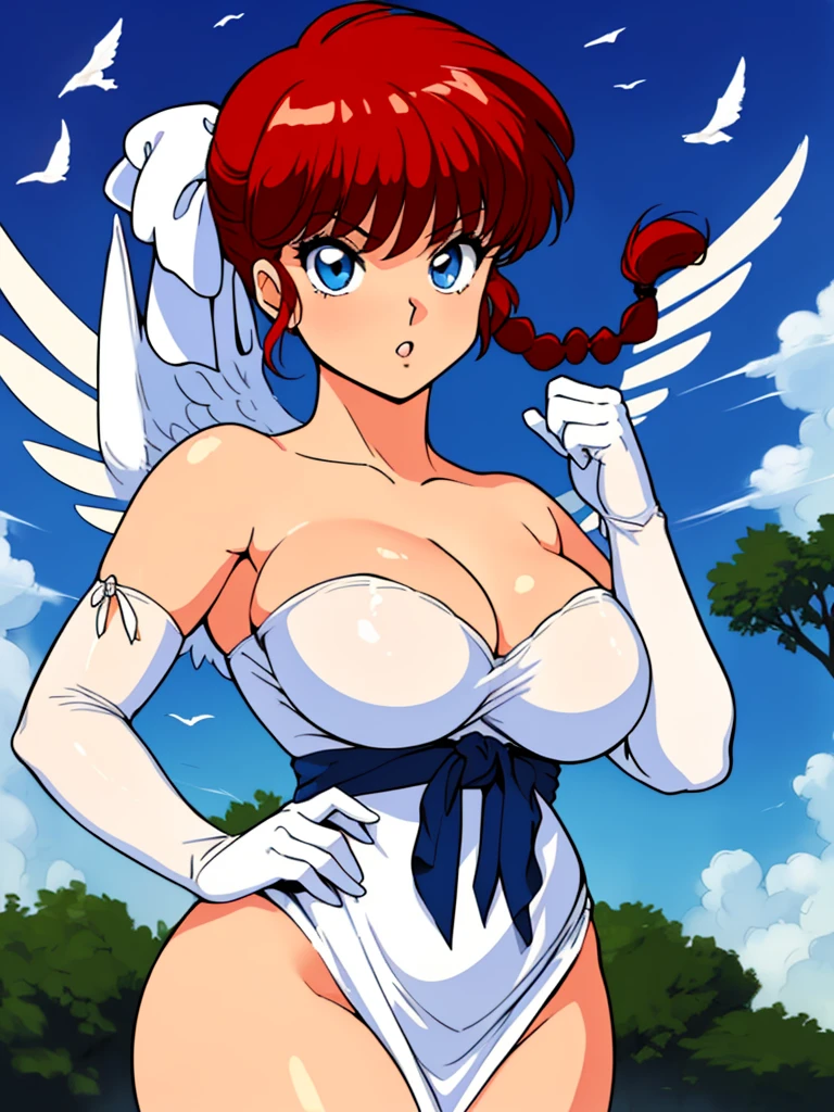 RanmaChan, Sexy, (Doggystyle:1.2), Tabletop, (Penetration:1.2), (Red hair, (Long pigtails, braids), Black hair tie, Medium thick bangs), Blue eyes, Curvy body, High body, (Angel wings, Huge), (Medium boobs:1.0), Beautiful cleavage, (White elbow gloves), ((Luxurious dress, Pure white)), Waist:0.4, Medium ass:0.4, (Flapping in the sky, Flying in the sky, Sexy pose, Large), (4 fingers, 1 thumb), (Shooting, Front, From below), (Sky background, Clouds, Sun, Birds, In the sky), (Retro art style, Beautiful brushstrokes, Super detailed painting, 32K Ultra HD, Masterpiece)