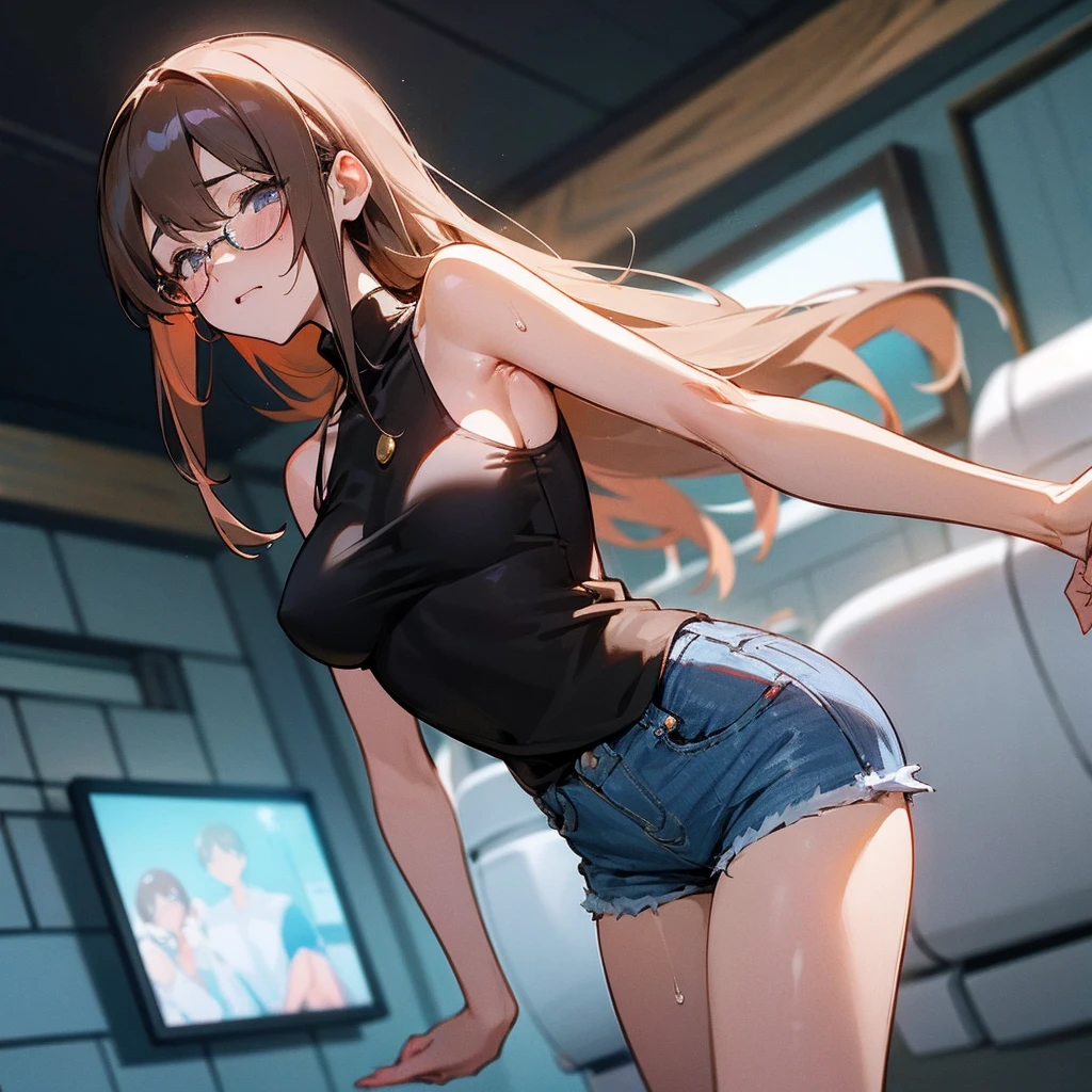 A realm of unparalleled visual fidelity、Experience 8K masterpieces with the highest resolution and finest detail。Public toilets。Her long brown hair flows down to her shoulders、It highlights her captivating grey eyes that seem to glow with a magical light..。The shiny skin of her face is beautifully reflective.、Enhances every wrinkle and curve。Large と大人っぽい繊細な衣装のコントラストが美しい.、It creates an enchanting atmosphere。The thin silver-rimmed glasses shine beautifully..、Her cheeks turned red、look at me with shy eyes。She was sweating a little and、、Beautiful charm is emphasized。Captivating thighs。Large 。Red cheeks。Black camisole。Denim shorts。Sweating。Public toilets。Connected by many chains。Being caught。It gives off an air of embarrassment。Enduring the pleasure。