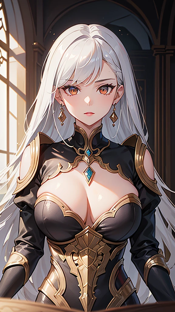 1 Private Wife，alone，long hair，Huge Breasts，Golden Eyes，Sexy，Short silver hair，Mature female，widow，(masterpiece: 1.0，(the best_quality: 1.0)，silence，Black Armor，Fantasy World，Calm down，Inside the Palace，In a meeting，Upper body close-up，lipstick，During the sermon，earrings