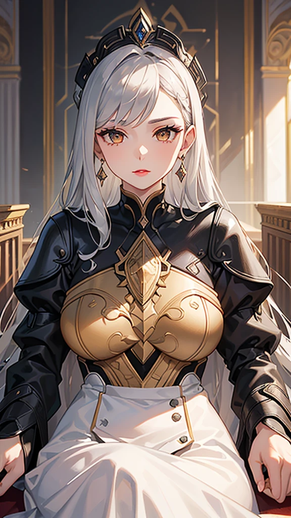 1 Private Wife,alone,long hair,Large Breasts,Golden Eyes,Sexy,Short silver hair,Mature female,widow,(masterpiece: 1.0,(the best_quality: 1.0),silence,Black Armor,Fantasy World,Calm down,Inside the Palace,In a meeting,Upper body close-up,lipstick,During the sermon,earrings