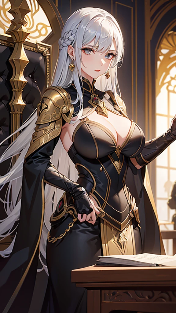 1 Private Wife，alone，long hair，Huge Breasts，Golden Eyes，Sexy，Short silver hair，Mature female，widow，(masterpiece: 1.0，(the best_quality: 1.0)，silence，Black Armor，Fantasy World，Calm down，Inside the Palace，In a meeting，Upper body close-up，lipstick，During the sermon，earrings