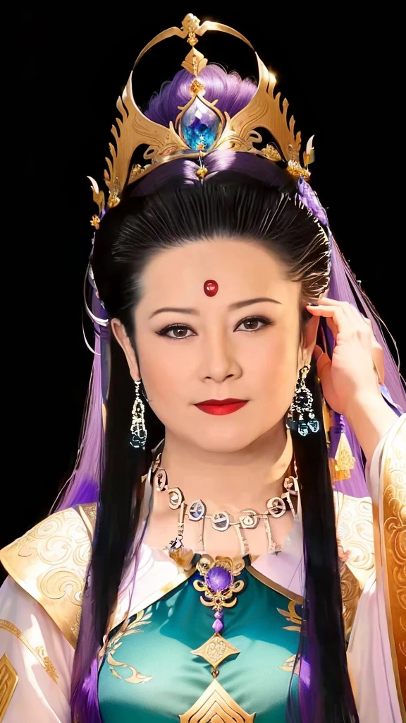 Close-up of a woman wearing a purple and silver headdress from Tia, Chinese Queen, yun ling, heise-lian yan fang, ancient Chinese Princess, Chinese Beauty, Queen of the Sea Mu Yanling, Inspired by Li Tang, Inspired by Zhang Yin, Inspired by Lan Ying, Chinese Princess, Inspired by trees, feng shu