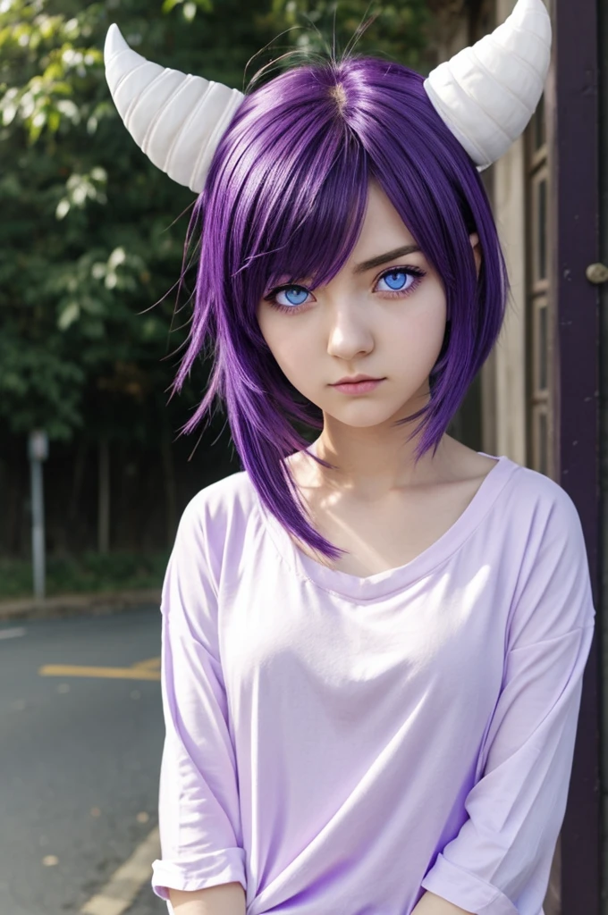 Anime girl with 2 dark purple horns, medium purple hair with white gradient, complete clothing, light blue eyes, annoyed, losing control, with still posture, at 21 years old