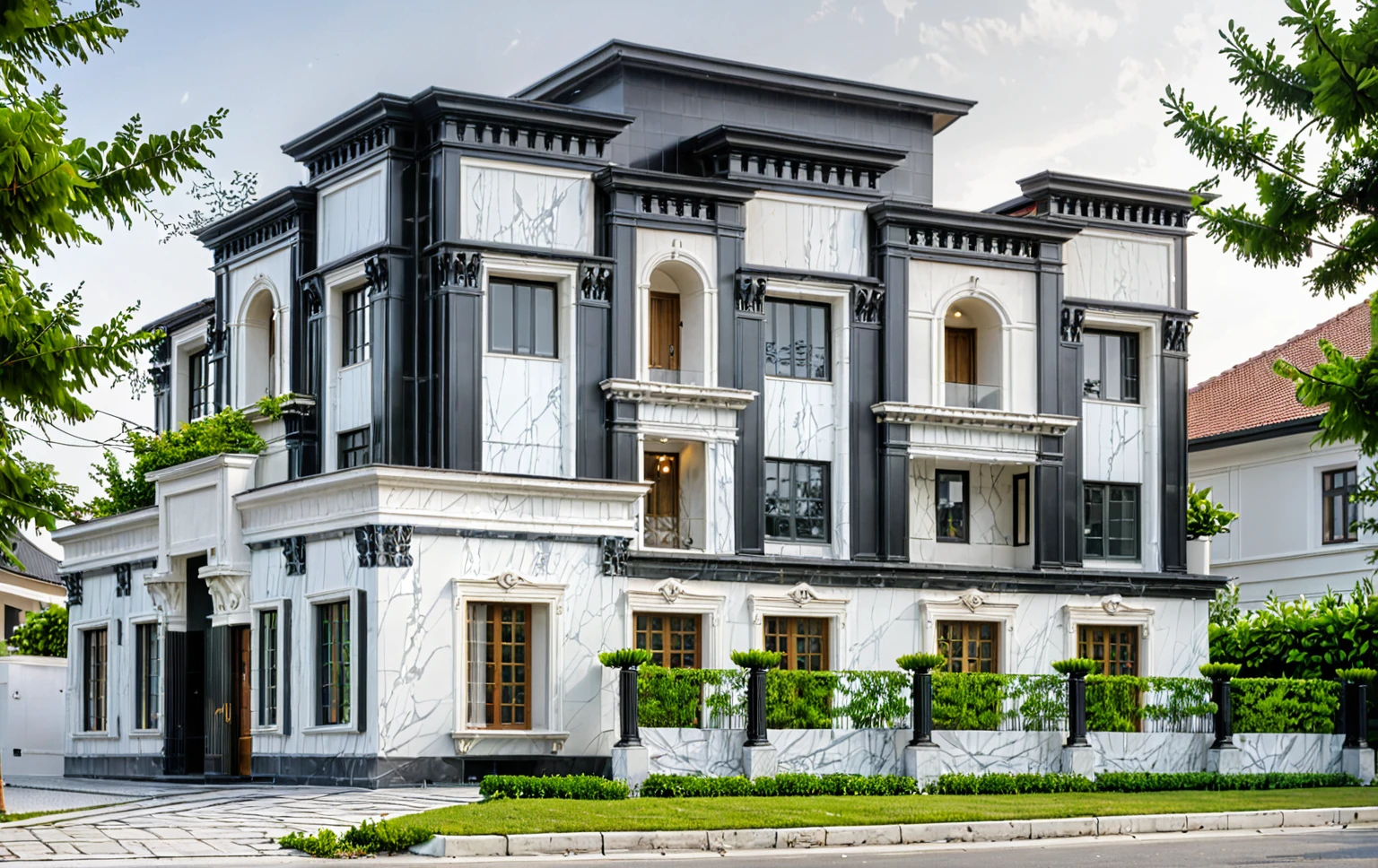 neo classical villa on street, (daylight), plant and tree, vivid colour, streetcapes, (black detail:1.2), high constraint, masterpiece, best quality, raw photo, white wall, large glass door, warm interior lighting, wood and marble, best quality, 20ArchiAI_XL_NeoTH-v2