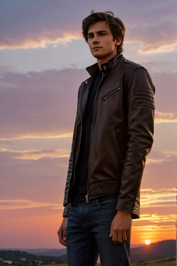 "A young man of approximately 20 years, with messy brown hair, is standing on a hill. He looks thoughtfully toward the horizon where the sun is setting, painting the sky with shades of orange, pink and purple. His expression is serene and thoughtful.. , and is wearing a black leather jacket that contrasts with the warm