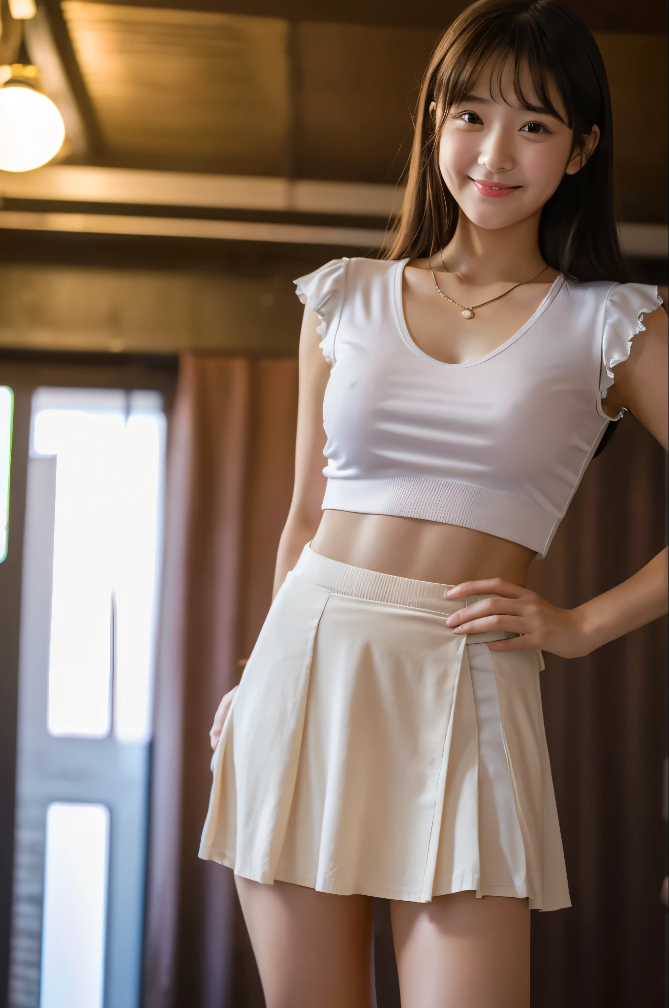 (((Roll up the skirt yourself)))、(((Lift your skirt yourself)))、(((Lifting her skirt to show her panties)))、A very cute face like an idol、Looks like a young face、20-year-old female、Gentle and cute、A kind smile、((In a blouse))、((Colored mini skirts))、(((White panties)))、(((whole bodyの姿)))、Cleavage、A crowded bar、Cinema lighting、Natural light、whole body、Artistic、RAW Photos、Genuine、High quality that is indistinguishable from real life、realism、Real Stick、High resolution、masterpiece