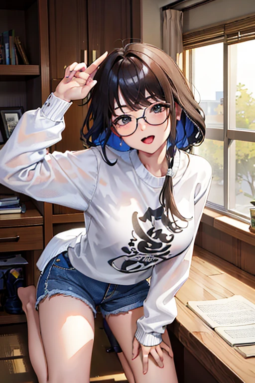 ,, wearing a short ,, she open her clothes,, With his long tongue out of his mouth, with a big breast,, with a peace arm pose,, full body picture with her leg,, wearing a jeans short,, wearing a glasses ,, sexual expresion 