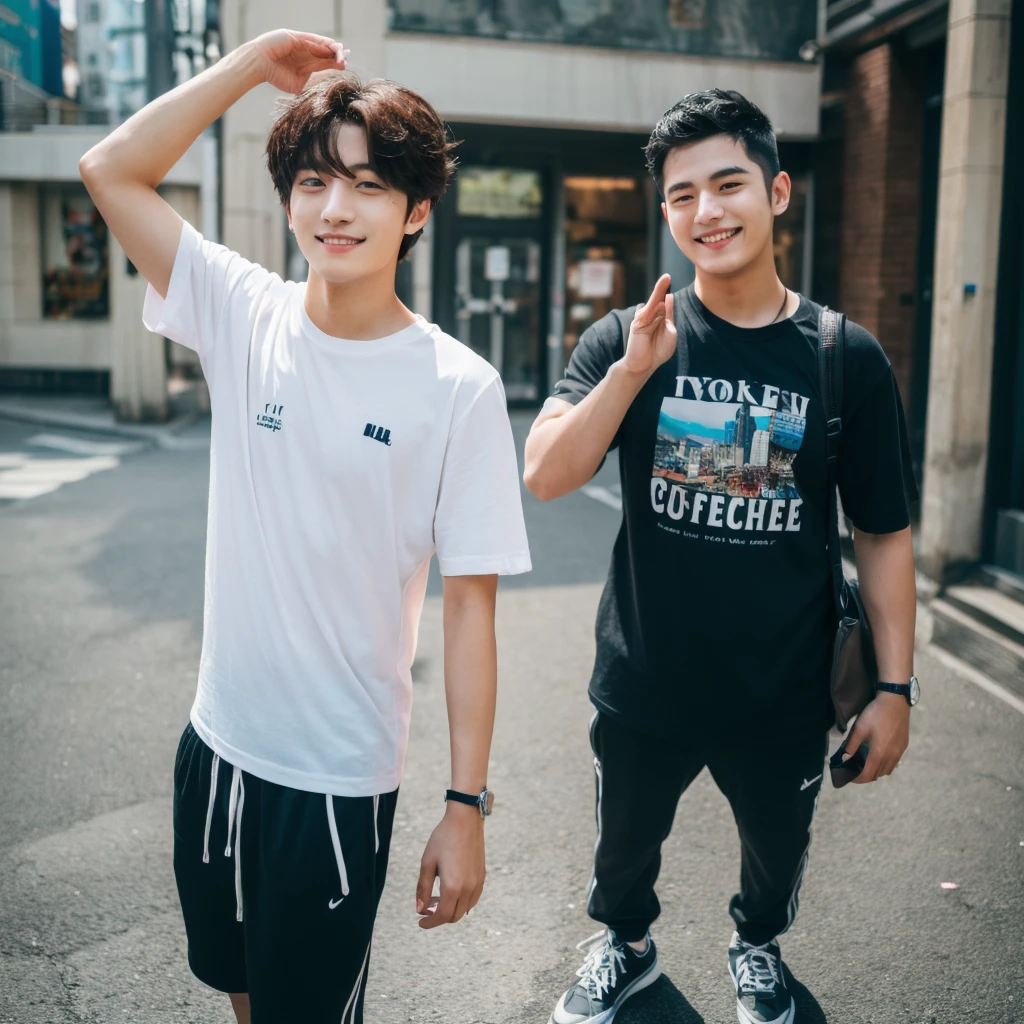((hyperdetail)), ((hyperrealistic)), ((hyperrealism)), Professional, Angle camera shooting from below, realistic, High level of detail, Full body photo of 25 years old Korean male, alone, just 1 man, one man, face like Jungkook BTS, nice hair like Jungkook BTS hair, nice eyes, wearing plain t-shirt, wearing sneakers, full body, fit body almost 75 kg bodyweight weight and 185 cm body height, fit body like gym trainer, not thin and not fat, cool pose hand, standing posing for a photo, chill on a city park, photogenic pose, smile pose, (random standing pose: 1.3) ,Natural light, (Attractive young man:1.3), (seductive:1.1), (blush:1.1), bacgkround at street near seoul district , shower of sunshine, hold a cup of coffee on hand, ((cool pose)), ((gentleman pose)), ((ISO 1600)), ((50mm lens)), ((wide shot)),