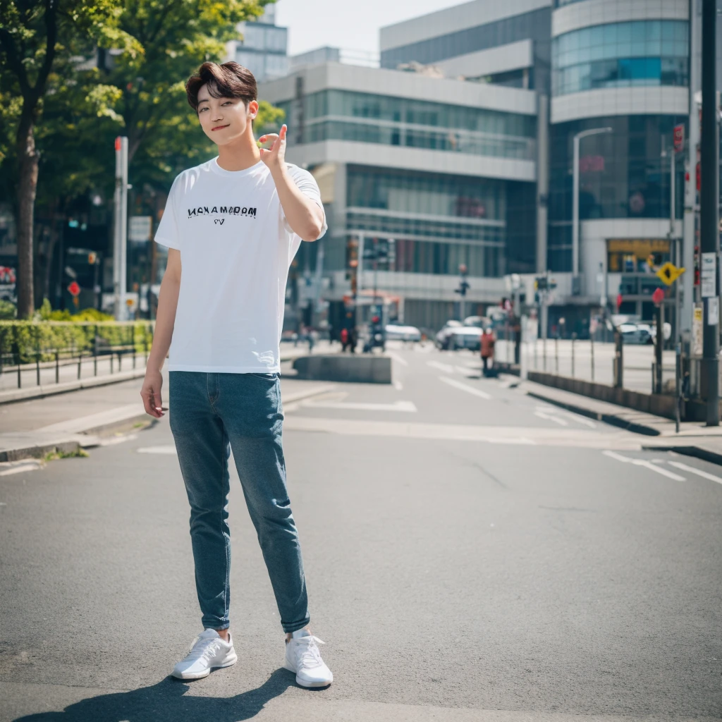 ((hyperdetail)), ((hyperrealistic)), ((hyperrealism)), Professional, Angle camera shooting from below, realistic, High level of detail, Full body photo of 25 years old Korean male, alone, just 1 man, one man, face like Jungkook BTS, nice hair like Jungkook BTS hair, nice eyes, wearing plain t-shirt, wearing sneakers, full body, fit body almost 75 kg bodyweight weight and 185 cm body height, fit body like gym trainer, not thin and not fat, cool pose hand, standing posing for a photo, chill on a city park, photogenic pose, smile pose, (random standing pose: 1.3) ,Natural light, (Attractive young man:1.3), (:1.1), (blush:1.1), bacgkround at street near seoul district , shower of sunshine, hold a cup of coffee on hand, ((cool pose)), ((gentleman pose)), ((ISO 1600)), ((50mm lens)), ((wide shot)),